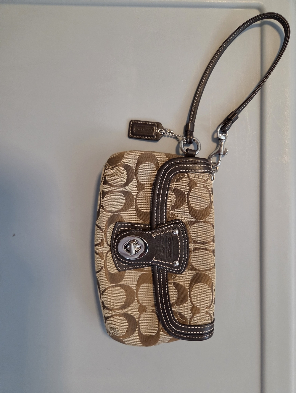 Coach Beige Signature Canvas Wristlet with Brown Leather Trim